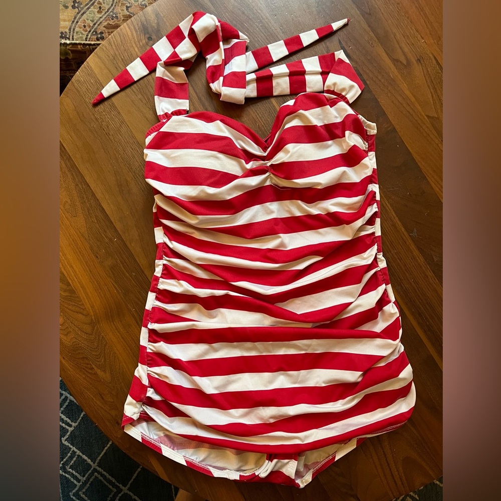 Red and white stripe halter Esther Williams swim suit